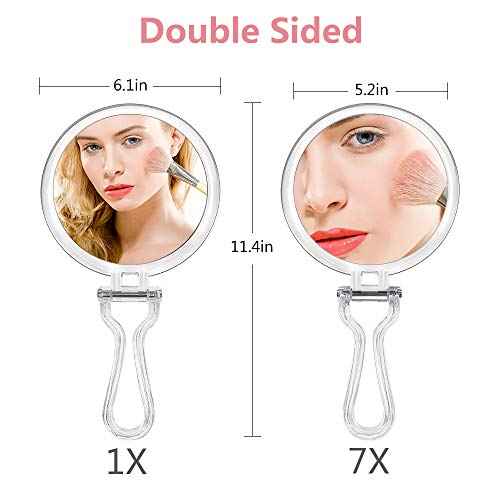 Double Sided Hand Held Mirror - 1X & 7X Magnifying Handheld Makeup Mirror with Adjustable Folding Handle, Portable, Transparent & Round (6")