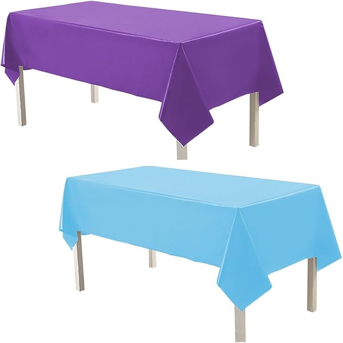 Plastic Tablecloths,Disposable Tablecloths,Baby Shower Party Tablecovers,Table Cloths for Picnic Birthday Wedding Parties 8 ft Rectangle Table Use,54 x 108 Inches,2 Pack,Purple,Light Blue.