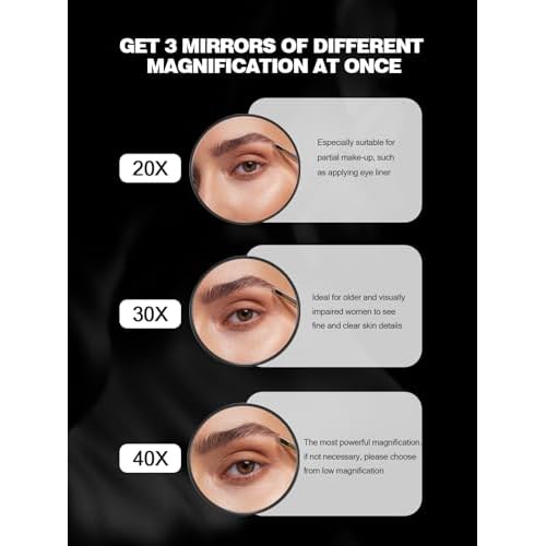 20X/30X/40X Magnifying Mirror with Suction Cups and Tweezers Set, 3.5 inches Travel Magnified Makeup Mirror, Black, 3PCS