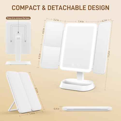 Vanity Mirror with Lights - Rechargeable Lighted Makeup Mirror | 1X/3X/5X Magnification, Smart Touch, 3 Colors Dimmable | Portable Trifold Mirror for Travel for Women and Girls