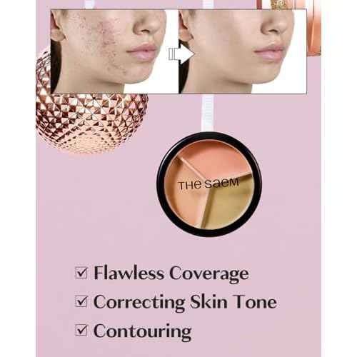 THESAEM Cover Perfection Triple Pot Concealer - 3 Color Concealer with Clear Beige, Green & Peach Shades - Full Coverage to Correct & Conceal Redness, Dark Circles, 01 Correct Beige