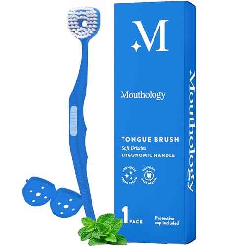 Soft Bristle Tongue Brush for Adults (1 Pack), Reduce Bad Breath & Improve Oral Hygiene, Tongue Scraper Brush Ergonomic Handle & Protective Cap, Tongue Cleaner for Adults, Tongue Scraper for Adults