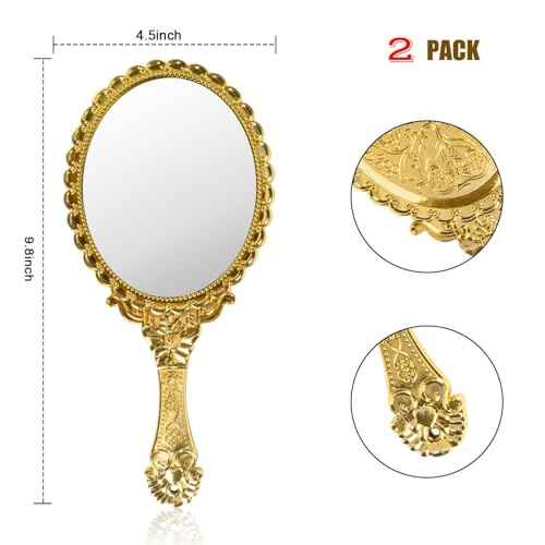 YUSONG Vintage Handheld Mirror for Makeup - Travel Handle Mirrors for Women Gold Embossed Flower Portable Princess Mirror Tabletop Party Classroom