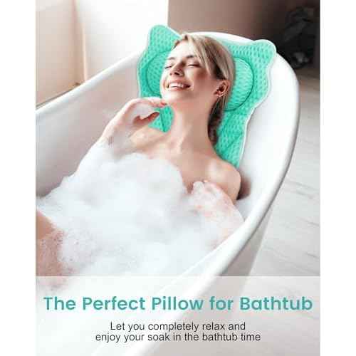 Bath Pillow, Bath Pillows for Tub Neck and Back Support, Soft 4D Air Mesh Bathtub Pillow 16.5 x 17.3 INCH, with 6 Powerful Suction Cups, Bath Accessories Relaxing Gifts for Women (Lake Blue)