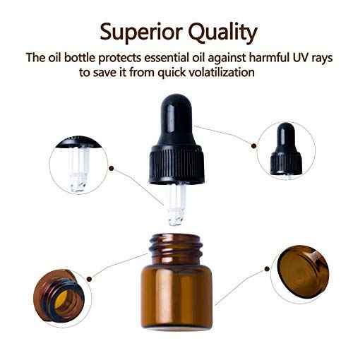Sample Dropper Bottles, Mini Dropper Bottles with 2 Pcs Plastic Droppers for Traveling Essential Oils DIY Cosmetic Liquid Sample Perfume (Amber, 1ML)