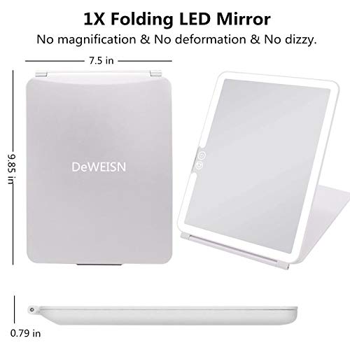 deweisn Folding Lighted Makeup Mirror with 72 LEDs 3 Colors Light Modes USB Rechargable 1800mA Batteries Portable Ultra Thin Compact Vanity Mirror Dimmable Travel Mirror
