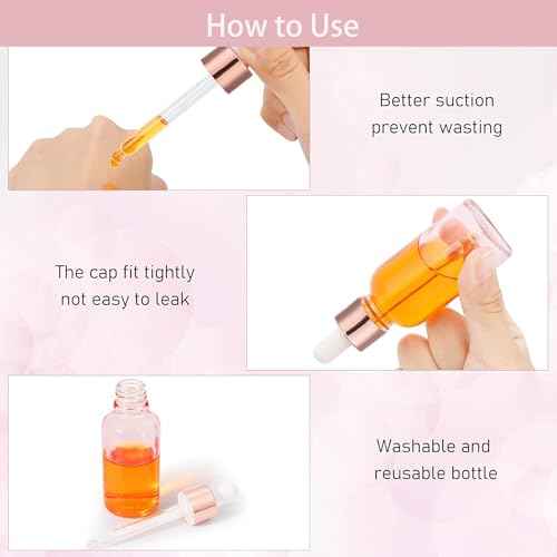 50 Pcs 2 Oz Glass Dropper Bottles with Rose Gold Caps for Essential Oils Perfumes and Cosmetic Liquid Storage Featuring Funnels Droppers and Cleaning Brushes(Pink)
