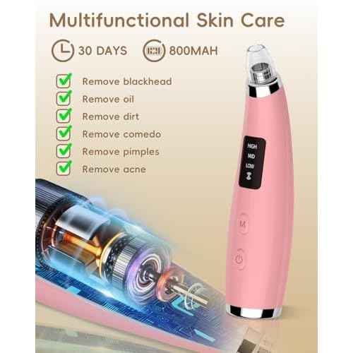 Blackhead Vacuum Removers - Pore Vacuum for Face with 5 Attachments & 3 Suction Levels - USB Rechargeable Blackhead Remover Tools for Women and Men (Matte Pink)