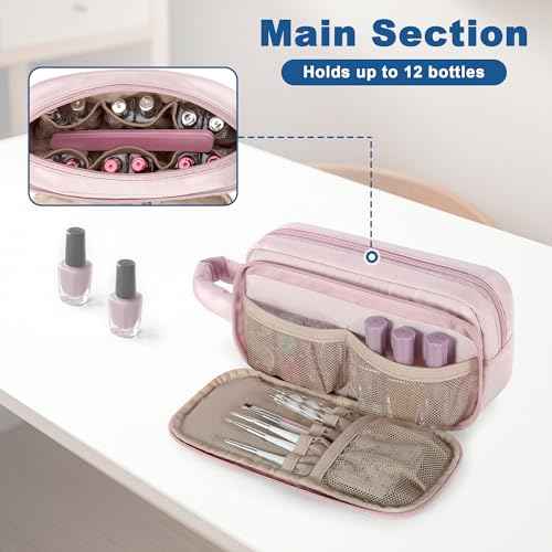 LUXJA Puffy Nail Polish Organizer Case Holds 12-18 Bottles (15ml/0.5 fl.oz), Lightweight Nail Polish Storage with Pockets for Manicure Kit (Bag Only), Pink