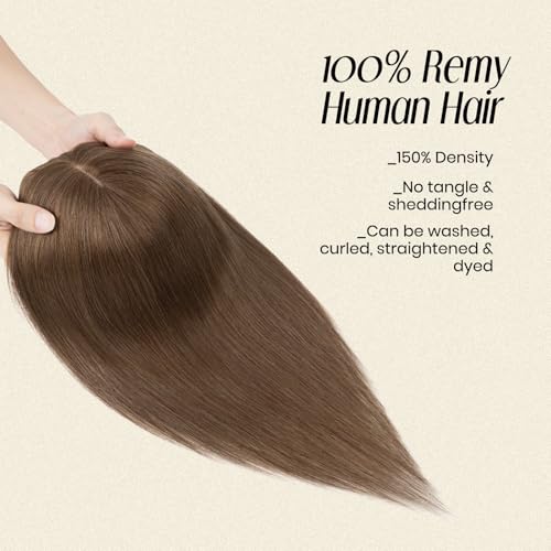 MY-LADY Human Hair Toppers for Women Real Human Hair with Bangs Thin 7 * 13CM Silk Base with Lace Clip in Straight Remy Hairpieces 150% Density 12 Inch Medium Brown