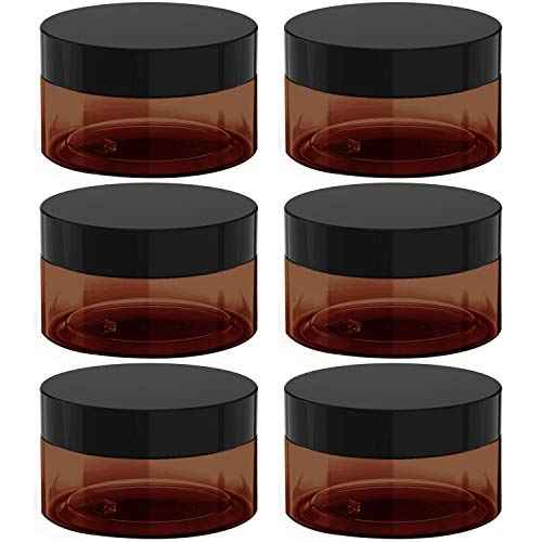 8 oz Amber Plastic Cosmetic Jars Leak Proof Container with Black Lid for Cream, Lotion, Powder, ointment, Beauty Products etc, 6 Pcs.