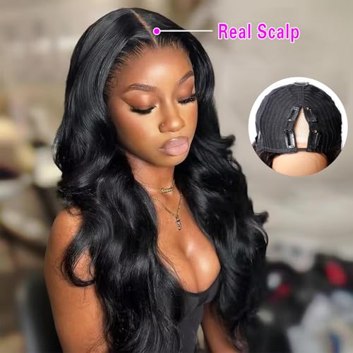 Xagujpo Glueless V Part Wig Human Hair Body Wave for Black Women Upgrade U Part Human Hair Wig 100% Beginner Friendly No Sew In No Glue 180% Density Natural Color (18 inch)