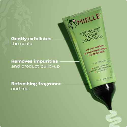 Mielle Organics Rosemary & Mint Sugar Exfoliating Scalp Scrub - Gentle Pre-Shampoo Dry Scalp Treatment for Oil & Product Buildup - Biotin Infused Non-Drying, Moisturizing Formula (6 Fl Oz)