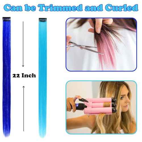 Colored Hair Extensions Clip In, 12 Pieces, 6 Blue + 6 Teal Blue