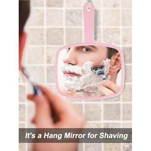 Hand Mirror Salon Barber Hairdressing Handheld Mirror with Handle (Square Pink 7.4 x 10.3 inches)