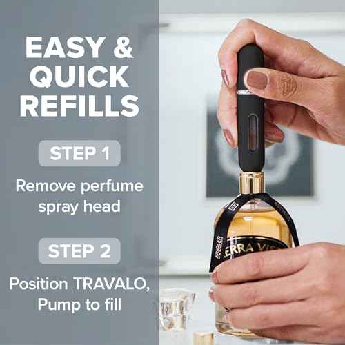 Travalo Classic HD Perfume Atomizer - Leak-Proof and TSA Approved for Air Travel - Reusable, Airtight, Easy-Fill Mini Pump Sprayer - Lightweight, Elegant Design w/Volume Window - Black 0.17oz