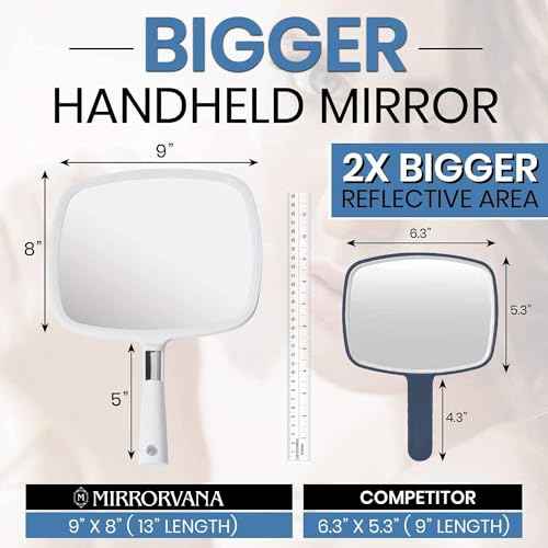 MIRRORVANA Large Hand Held Mirror with Comfy Handle for Women and Men - Personal Barber Haircut Mirror to See Back of Head - Espejo de Mano - 9" x 13" (White)