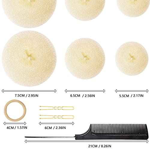 Hair Bun Maker Set (37pcs), Includes 2 Large, 2 Medium, 2 Small Donut Bun Makers, 10 Elastic Hair Ties, 20 Bobby Pins, 1 Comb (Beige)