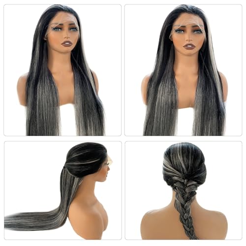 Black with Grey Highlights Wig Human Hair Lace Front Wigs for Black Women Pre Plucked with Baby Hair 180% Density 13x4 Balayage Wear and Go Glueless Wigs Human Hair Straight 16 Inch Tiny Knots