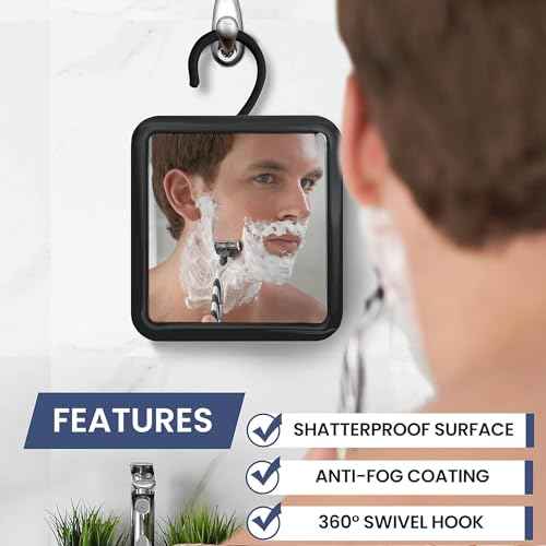 MIRRORVANA Hanging Fogless Shower Mirror for Shaving with 360¡Æ Rotatable Swivel Hook - Anti Fog and Shatterproof 6.3" x 6.3" Surface (Black)