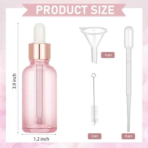 50 Pcs 2 Oz Glass Dropper Bottles with Rose Gold Caps for Essential Oils Perfumes and Cosmetic Liquid Storage Featuring Funnels Droppers and Cleaning Brushes(Pink)