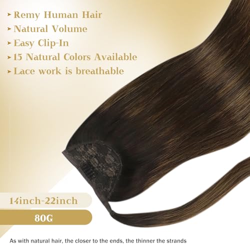 Ve Sunny Ponytail Extension Real Human Hair for Women Clip in Ponytail Hair Extension Straight Hair Pieces Wrap Around Dark Brown Mix Medium Brown Highlights Brown Balayage 16inch 80G