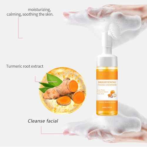 Turmeric Face Wash With Brush,Turmeric Wash and Care Set,Foaming Facial Cleanser&2Bars of Lemon Soap&20pcs Cleansing Pads&2 Bubble Nets,Facial Kit for Women,3.38 Fl Oz/pcs