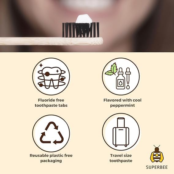 SuperBee Dentos Toothpaste Tablets & Biodegradable Bamboo Toothbrushes, 150 Tabs, Fluoride Free & Eco Friendly, Travel Mouthwash Tablets, Sensitive Bites Kids Adults