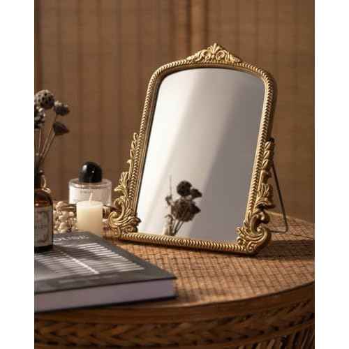 Small Vintage Vanity Makeup Desk Mirror Antique Traditional Chic Arch Table Mirror Gold£¬Decor Wood Framed Small Standing Carved Arendahl Mirror for Living Room,Bedroom,Tabletop 11.8" x 9.6"