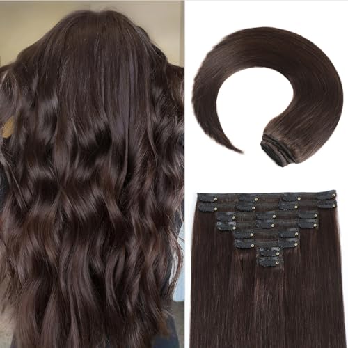Dark Brown Clip in Hair Extensions, 2 Dark Brown Hair Extensions Real Human Hair, Invisible Seamless Remy Human Hair Clip Extensions for Women 8pcs Per Set with Double Weft 26 Inch 130g