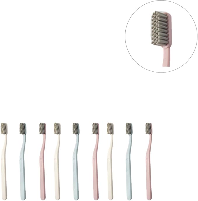 9 Pcs Adult Hard Hair Nylon Toothbrushes with Curved Handles for Teeth Cleaning Oral Care Tools in Pink Sky-Blue and Beige Colors