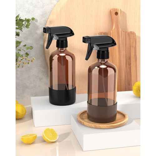 Glass Spray Bottle with Silicone Sleeve Protection, Amber Glass Spray Bottle Set for Window Cleaner Aromatherapy Facial Hydration Watering Flowers Hair Care 2 Pack/16 oz (Black & Brown)