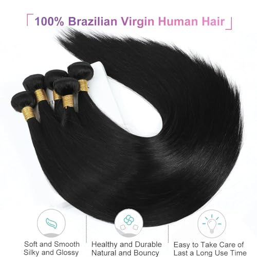 Straight Bundles Human Hair 30 inch 100% Unprocessed Brazilian Straight Hair Bundles 12A Remy Virgin Retain the Intact Cuticle, Long Lifespan