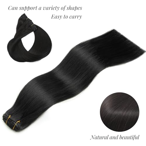 Clip in Hair Extensions Real Human Hair, 100% Brazilian Virgin Real Human Hair 7pcs Per Set with 16Clips Double Weft for Women (20 Inch, 120g, 1B Natural Black)