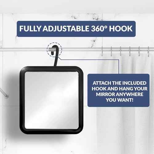 MIRRORVANA Hanging Fogless Shower Mirror for Shaving with 360¡Æ Rotatable Swivel Hook - Anti Fog and Shatterproof 6.3" x 6.3" Surface (Black)