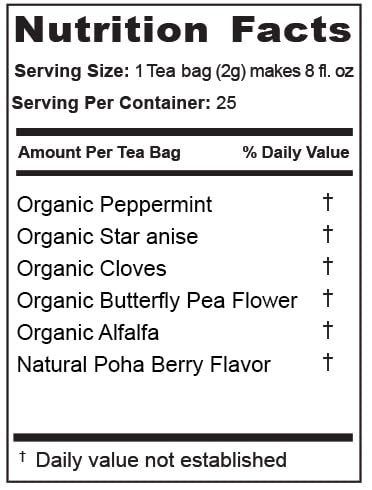 Jade Tea - Organic Polyphenol Tea - Peppermint Leaf, Star Anise, Clove, & Butterfly Pea Flower - Antioxidant Rich for Inflammation Support - Poha Berry Flavor - 25 Count (Pack of 1) - Made In USA