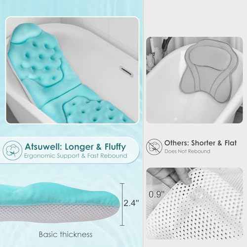 Atsuwell Bathtub Pillow for Full Body Bath Pillow, Thick Bath Cushion for Tub with Foam Beads & Secure Suction Cups, Luxury Pressure Relief for Neck, Waist, Hip Support, Spa Accessories, 51" x 16"