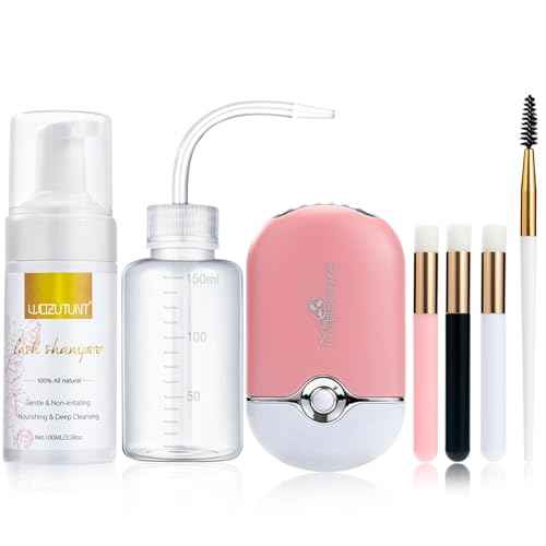 3.38OZ Eyelash Extension Cleanser Lash Mousse Lash Shampoo for Extensions, USB Mini Portable Fan Rechargeable Electric Handheld Air Conditioning Lash Shampoo Brush Plastic Wash Bottle (lash fan-pink)