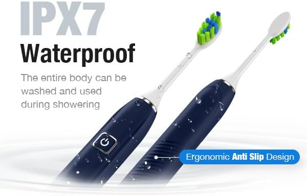 7AM2M Ultrasonic Electric Toothbrush with 6 Brush Heads for Adults&Kids, Type C Charging, One Charge for 120 Days, 5 Modes&40000VPM Powered Toothbrush, 6 Minutes Built in Smart Timer (Navy Blue)