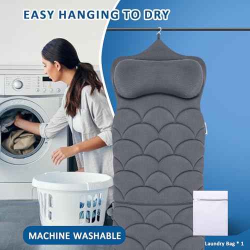 REEZEIVI Full Body Bath Pillow,Thick Bathtub Cushion with Laundry Bag,Bath Pillow with 13 Non-Slip Suction Cups,Soft 3D Mesh Fabric,Bathtub Cushion for Headrest Neck and Back Support (Gray)