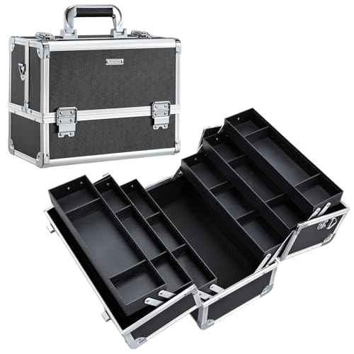 FRENESSA Makeup Train Case Makeup Case 12.6 Inch Large Cosmetic Box Organizer Travel Storage Professional Make Up Train Carrying Case with 6 Trays Locking Shoulder Strap Hard Vanity Storage Black