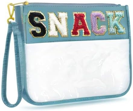 Chenille Letter Clear Travel Zipper Pouch Nylon Makeup Bag, Preppy Makeup Bag Clear Cosmetic Toiletry Bag, Water-proof Makeup Travel Pouch Snack Bags for Women (Blue-Snack)
