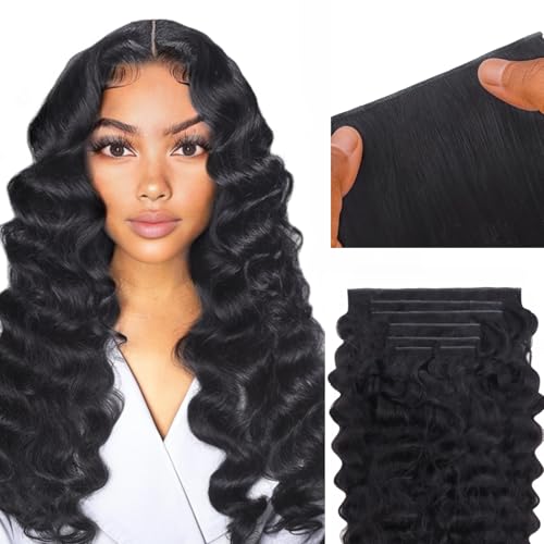 IDN BEAUTY Genius Weft Deep Wave Clip In Hair Extensions Human Hair For Black Girl Women, Virgin Hair Longer Lifespan, Invisible Seamless PU Weft Clip Ins, 14 Inch 100g 7Pcs Natural Black