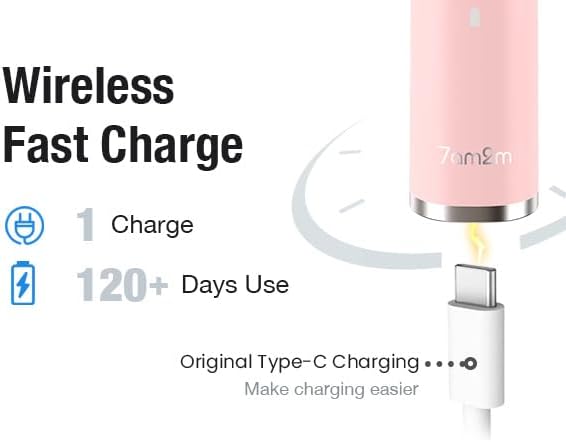 7AM2M Ultrasonic Electric Toothbrush with 6 Brush Heads for Adults&Kids, Type C Charging, One Charge for 120 Days, 5 Modes&40000VPM Powered Toothbrush, 4 Minutes Built in Smart Timer (Pink)