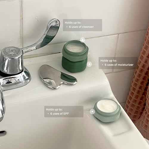 Cadence Travel Containers Basic Skincare Set - Magnetic Containers with Lids,Carry On Travel Essentials For Women/Men - 3 Small Capsules (0.56oz) - Cleanser, Moisturizer & Sun-Icon Labels - Evergreen