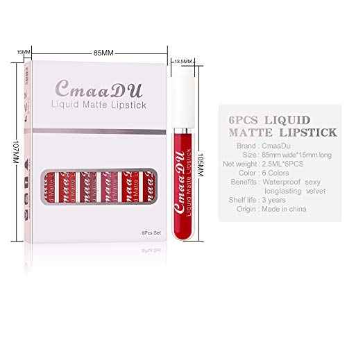 evpct 6Pcs Lipstick Matte Liquid Lipstick Lipgloss Set for Women, Dark Deep Bright Ruby Sexy Brick Red Mauve labiales mate 24 horas originales matte larga duracion 24 Hour Lipstick Long Lasting