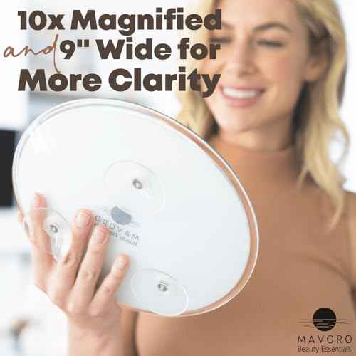Mavoro 9'' Magnifying Mirror with 3 Strong Suction Cups | 10X Magnification | Portable Travel Makeup & Cosmetic Mirror (10X)