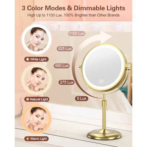 Benbilry Lighted Makeup Mirror with 3 Color Lights & 10X Magnification, Adjustable Brightness & Height, 7 Inch 360¡Æ Swivel Rechargeable 10X LED Magnifying Vanity Mirror with Light, Gold
