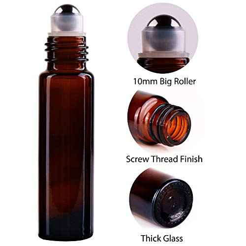 inice 4 Pack Essential Oil Roller Bottles 10ml Amber Glass RollerBall Bottle with Stainless Steel Roller Ball Alloy Cap for Daily Care