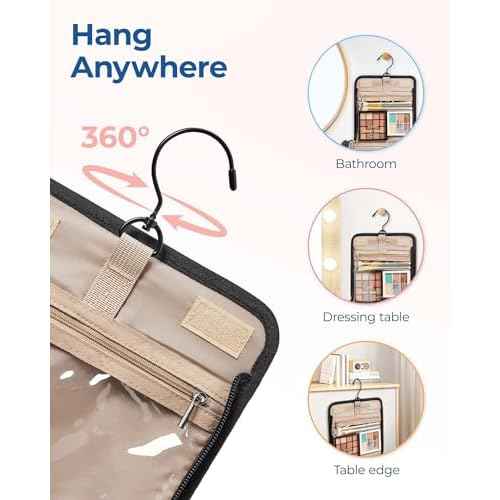 BAGSMART Makeup Bag for Women with Hanging Hook - Portable Cosmetic Case, Large Capacity Door Room Essentials Travel Organizer for Full Sized Cosmetics and Toiletries, Black